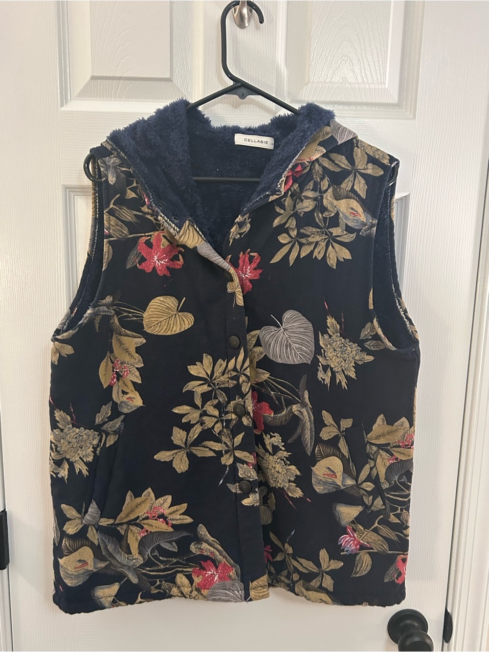 Cellabie Floral Sherpa Lined Hooded Vest US Large XL Navy Blue Boho Snap Front